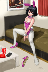 Rule 34 | 1girl, alternate eye color, animal ears, artist name, bare shoulders, bedroom, black eyes, black hair, bob cut, bow, bowtie, breasts, can, carpet, cellphone, cleavage, closed mouth, collar, commentary, condom box, curtains, dated, detached collar, drink can, english text, fake animal ears, fake tail, full body, girls und panzer, groin, hair between eyes, headboard, high heels, highleg, highleg leotard, highres, leotard, looking at viewer, matsui yasutsugu, okamoto condoms, on bed, own hands together, pantyhose, phone, pillow, pink bow, pink bowtie, pink footwear, pink leotard, playboy bunny, poster (object), rabbit ears, rabbit tail, shoes, short hair, side-tie leotard, signature, single shoe, sitting, small breasts, smartphone, smile, soda can, solo, spread legs, strapless, strapless leotard, table, tail, unworn shoes, utsugi yuuki, v arms, white collar, white pantyhose, white wrist cuffs, wide spread legs, window, wrist cuffs