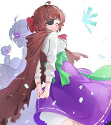Rule 34 | ahoge, apron, arm behind back, artist name, brown hair, cape, eyepatch, closed eyes, feet out of frame, guardian tales, highres, innkeeper loraine, looking at viewer, multiple girls, red ribbon, ribbon, short hair, smile, standing, zriel