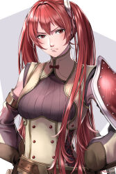 Rule 34 | 1girl, armor, bare shoulders, belt, blush, breasts, delsaber, detached sleeves, fingerless gloves, fire emblem, fire emblem awakening, gloves, hair between eyes, hands on own hips, highres, long hair, looking at viewer, medium breasts, nintendo, red eyes, red hair, serious, severa (fire emblem), shoulder armor, simple background, solo, twintails, upper body, very long hair