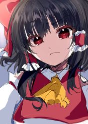 Rule 34 | 1girl, ascot, bare shoulders, black hair, bow, closed mouth, collared shirt, commentary request, detached sleeves, eyelashes, eyes visible through hair, frills, gradient background, grey background, grey shirt, hair between eyes, hair ornament, hair tubes, hakurei reimu, hayuk0, highres, light, long sleeves, looking at viewer, one-hour drawing challenge, pink background, red bow, red eyes, red vest, shirt, short hair, solo, touhou, upper body, vest, white background, wide sleeves, yellow ascot