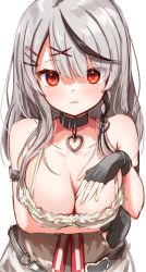 Rule 34 | 1girl, arm under breasts, baram, bare shoulders, black collar, black gloves, black hair, braid, breasts, cleavage, collar, collarbone, commentary request, dress, fingerless gloves, gloves, grey hair, hair ornament, hairclip, hand up, heart, heart hair ornament, hololive, long hair, looking at viewer, medium breasts, multicolored hair, parted lips, sakamata chloe, simple background, sleeveless, sleeveless dress, smile, solo, streaked hair, virtual youtuber, white background, white dress, x hair ornament