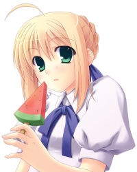 Rule 34 | 00s, 1girl, ahoge, artoria pendragon (all), artoria pendragon (fate), blonde hair, blouse, fate/stay night, fate (series), food, fruit, green eyes, popsicle, saber (fate), shirt, simple background, solo, watermelon, watermelon bar