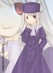 Rule 34 | 00s, 1girl, buttons, double-breasted, dress, fate/stay night, fate (series), foreshortening, hand in pocket, hat, illyasviel von einzbern, line miyako, long sleeves, looking at viewer, purple dress, purple hat, red eyes, silver hair, solo, zoom layer