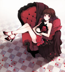 Rule 34 | 1girl, armchair, bad id, bad pixiv id, bare shoulders, brown hair, cat, chair, checkered floor, dress, from above, high heels, legs, crossed legs, looking up, nardack, original, petals, reclining, red dress, red eyes, red skirt, red theme, red upholstery, shoes, short hair, sitting, skirt, solo, strapless, strapless dress, tiles