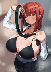 Rule 34 | 1girl, absurdres, braid, breasts, chainsaw man, cleavage, highres, huge breasts, long hair, makima (chainsaw man), open clothes, parted lips, red hair, solo, standing, tiger drop, yellow eyes