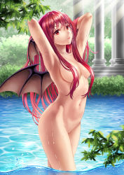 Rule 34 | 1girl, branch, breasts, bush, completely nude, day, demon wings, groin, hair between eyes, hair censor, head wings, koakuma, lipstick, long hair, looking at viewer, makeup, medium breasts, navel, nude, open clothes, outdoors, parted lips, red eyes, red hair, solo, standing, sunlight, thighs, touhou, tree, uemura shun, very long hair, wading, water, wet, wings