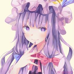 Rule 34 | 1girl, bad id, bad twitter id, blue bow, blue ribbon, blunt bangs, bow, closed mouth, hair bow, hat, hat ribbon, long hair, mob cap, nail polish, patchouli knowledge, purple eyes, purple hair, purple hat, purple nails, red bow, ribbon, shiromoru (yozakura rety), simple background, smile, solo, touhou, twitter username, upper body
