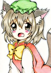 Rule 34 | 1girl, animal ears, bad id, bad pixiv id, bow, bowtie, brown eyes, brown hair, cat ears, cat tail, chen, colored pencil (medium), crying, d:, fang, hat, highres, meme-tan (bana nan26), open mouth, shirt, short hair, tail, tears, touhou, traditional media, vest