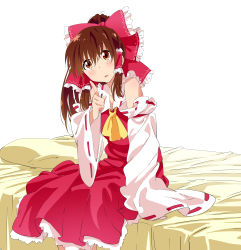 Rule 34 | 1girl, absurdres, bed, blush, bow, brown hair, confused, detached sleeves, ema20, hair bow, hair tubes, hakurei reimu, head tilt, highres, long hair, looking at viewer, on bed, sitting, solo, thinking, touhou