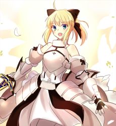 Rule 34 | 1girl, :d, armor, artoria pendragon (fate), blonde hair, blue eyes, bow, detached sleeves, excalibur (fate/stay night), fate/unlimited codes, fate (series), fuyuki (neigedhiver), gauntlets, gorget, hair bow, long hair, looking to the side, open mouth, petals, ponytail, saber (fate), saber lily, smile, solo, sword, weapon