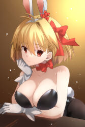 Rule 34 | 1girl, alternate costume, animal ears, antenna hair, arcueid brunestud, bare shoulders, black leotard, black pantyhose, blonde hair, bow, breasts, cleavage, collarbone, commentary request, fake animal ears, fake tail, gloves, hair between eyes, hair bow, head rest, highres, large breasts, leotard, looking at viewer, pantyhose, playboy bunny, rabbit ears, rabbit tail, red bow, red eyes, short hair, single hair intake, smile, solo, strapless, strapless leotard, tail, tsukihime, vent vert (kuuya), white gloves
