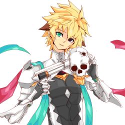Rule 34 | 1boy, armor, b.nal, bad id, bad pixiv id, blonde hair, chung seiker, deadly chaser (elsword), elsword, gloves, green eyes, gun, heterochromia, male focus, red eyes, scarf, skull, solo, spiked hair, tears, weapon, white background