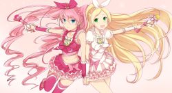Rule 34 | 10s, 2girls, bad id, bad pixiv id, blonde hair, blue eyes, bow, choker, cure melody, cure rhythm, dress, frills, green eyes, hair ribbon, own hands clasped, heart, highres, houjou hibiki, jewelry, long hair, magical girl, midriff, minamino kanade, minatsuki randoseru, multiple girls, navel, own hands together, pink bow, pink hair, precure, ribbon, smile, suite precure, thighhighs, twintails, white choker
