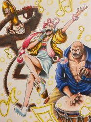 Rule 34 | 1girl, 2boys, age difference, bald, bare legs, bonk punch, breasts, daichan op, dress, drum, grin, headphones, highres, instrument, long hair, looking at another, monster (one piece), multicolored hair, multiple boys, muscular, music, musical note, oda eiichirou (style), official style, one piece, one piece film: red, pectorals, red hair, scar, scar across eye, singing, smile, tail, teamwork, two-tone hair, uta (one piece), very long hair