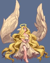 Rule 34 | 1girl, absurdly long hair, angel, blonde hair, blue background, closed mouth, commentary request, d-01, flower, full body, halo, head wings, holding, holding skull, long hair, mistress of shelter, pixel art, plant, ragnarok online, simple background, skull, solo, thorns, very long hair, vines, white wings, wings