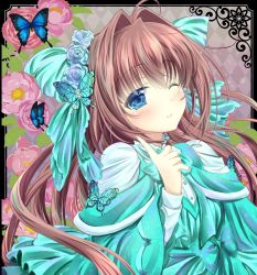 Rule 34 | 1girl, ahoge, asakura otome, blue eyes, blush, bow, brown hair, bug, butterfly, commentary request, da capo, da capo ii, dress, floating hair, flower, green bow, green dress, hair between eyes, hair bow, hair flower, hair intakes, hair ornament, highres, index finger raised, insect, kayura yuka, long hair, long sleeves, looking at viewer, one eye closed, smile, solo, upper body