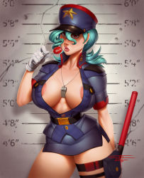 Rule 34 | 1girl, aqua hair, areola slip, baton, between breasts, breasts, breasts apart, candy, cleavage, covered erect nipples, creatures (company), curvy, food, game freak, gloves, hat, height chart, high collar, highres, holster, huge breasts, huge nipples, jenny (pokemon), large areolae, large breasts, lips, lollipop, long hair, looking at viewer, microskirt, miniskirt, narrow waist, nintendo, no bra, nose, pokemon, pokemon (anime), police, police hat, police uniform, policewoman, pouch, puffy nipples, red eyes, saliva, saliva trail, skirt, solo, standing, taboolicious, thick thighs, thigh holster, thigh pouch, thigh strap, thighs, uniform, white gloves, wide hips