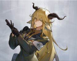 Rule 34 | 1girl, adjusting clothes, adjusting gloves, animal ear fluff, animal ears, arknights, armband, armor, asymmetrical hair, asymmetrical sidelocks, backlighting, black gloves, black necktie, blonde hair, breast pocket, breasts, brown eyes, brown horns, closed mouth, collared shirt, commentary, day, degenbrecher (arknights), double-parted bangs, dress shirt, epaulettes, expressionless, eyelashes, from above, from side, gloves, goat ears, goat girl, goat horns, goat tail, green jacket, hair between eyes, hair flowing over, hands up, high collar, highres, horns, ice, insignia, jacket, kulianrentizhong, lapels, large breasts, lips, long bangs, long hair, long sleeves, looking at viewer, looking to the side, looking up, medal, military, military jacket, military uniform, necktie, notched lapels, orange shirt, outdoors, outstretched hand, pauldrons, pocket, print armband, reflection, reflective surface, shadow, shirt, shoulder armor, shoulder pads, sidelocks, single epaulette, single pauldron, solo, standing, tail, uniform, upper body, very long hair, wavy hair, white armband, wing collar, yellow pupils