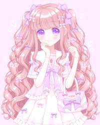 Rule 34 | 1girl, bag, blush, bow, bracelet, brown hair, closed mouth, commentary request, curly hair, dress, frilled dress, frilled sailor collar, frills, hair bow, handbag, hands up, heart, heart background, highres, himetsuki luna, jewelry, long hair, necklace, original, pearl bracelet, pearl necklace, pink bow, pleated dress, purple background, purple bow, purple eyes, sailor collar, sailor dress, simple background, smile, solo, two side up, very long hair, white dress, white sailor collar
