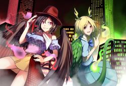 Rule 34 | 2girls, ashiroku (miracle hinacle), bare legs, black hair, black wings, blood, blue shirt, building, city, city lights, cityscape, commentary request, cowboy hat, dragon tail, feathered wings, gradient background, hair between eyes, hand on own hip, hat, highres, horns, kicchou yachie, kurokoma saki, looking at another, multiple girls, neckerchief, otter spirit (touhou), puffy short sleeves, puffy sleeves, red hair, shirt, short hair, short sleeves, skirt, skyscraper, tail, touhou, white neckerchief, wings, wolf spirit (touhou)
