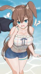 Rule 34 | !?, 1girl, absurdres, amiya (arknights), animal ears, arknights, bare shoulders, blue background, blue eyes, blue shorts, breasts, brown hair, feet out of frame, hair between eyes, hair down, highres, jewelry, large breasts, long hair, looking at viewer, midriff, multiple rings, navel, neck ring, off-shoulder shirt, off shoulder, open mouth, pointing, pointing at another, pov, pov hands, rabbit ears, rabbit girl, redash, ring, shirt, short shorts, short sleeves, shorts, solo focus, swimsuit, teeth, thigh ring, thighs, very long hair, white shirt