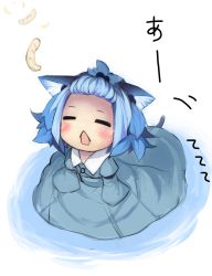 Rule 34 | 1girl, = =, alternate hairstyle, animal ears, bad id, bad pixiv id, blush, cat ears, cat girl, cat tail, closed eyes, female focus, forehead, hair bobbles, hair ornament, htm (gixig), kawashiro nitori, kemonomimi mode, no headwear, open mouth, sleeves past wrists, solo, tail, tail wagging, topknot, touhou