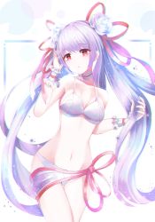 Rule 34 | 1girl, absurdres, bikini, choker, commentary request, eyes visible through hair, flower, frilled choker, frills, groin, hair flower, hair ornament, hair ribbon, highres, holding, holding hair, jane (king&#039;s raid), king&#039;s raid, long hair, purple hair, red eyes, red ribbon, ribbon, sarong, sidelocks, solo, standing, swimsuit, teeth, twintails, user ktxf5744, very long hair, wavy hair, white background, white bikini, white flower, white sarong, wristband