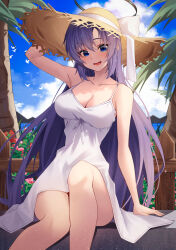 Rule 34 | 1girl, absurdres, alternate costume, arm support, bare legs, blue archive, blush, breasts, cleavage, collarbone, dress, feet out of frame, halo, hat, hidel, highres, large breasts, long hair, looking at viewer, palm tree, sitting, smile, solo, straight hair, straw hat, sundress, tree, very long hair, white dress, yuuka (blue archive)
