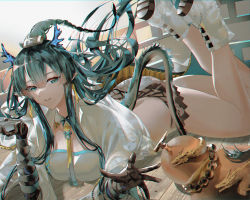 Rule 34 | 1girl, arknights, arm wrap, black gloves, black shorts, blue eyes, blue hair, blue horns, braid, commentary, cup, dragon girl, dragon horns, dragon tail, elbow gloves, floating hair, gloves, gourd, highres, horns, ling (arknights), long hair, looking at viewer, lying, necktie, on stomach, parted lips, pointy ears, shorts, smile, tail, tsujieiri, white footwear, yellow necktie
