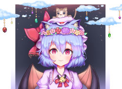 Rule 34 | 1girl, animal, animal ear fluff, animal ears, animal on head, bat wings, bell, blue hair, blush, bow, bowtie, cat, cat ears, cat on head, closed mouth, cloud, collared shirt, commentary, flower wreath, frilled shirt collar, frills, gem, hair between eyes, hat, hat bow, head wreath, highres, jingle bell, kemonomimi mode, looking at viewer, medium hair, mob cap, neck bell, on head, pink hat, pink shirt, red bow, red bowtie, red eyes, remilia scarlet, shirt, smile, solo, touhou, upper body, wings, yuzak