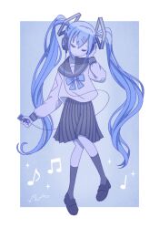 Rule 34 | 1girl, beamed eighth notes, black footwear, black sailor collar, black skirt, black socks, blue background, blue bow, blue bowtie, blue hair, border, bow, bowtie, closed eyes, digital media player, facing viewer, floating hair, full body, hair between eyes, hair ornament, hairclip, hand on headphones, hatsune miku, headphones, highres, holding digital media player, ipod, kneehighs, knees together feet apart, listening to music, loafers, long hair, long sleeves, musical note, omochi noa, outside border, pleated skirt, sailor collar, shirt, shoes, sidelocks, simple background, skirt, sleeve cuffs, socks, solo, sparkle, twintails, very long hair, vocaloid, white border, white shirt