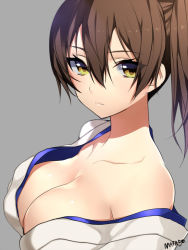 Rule 34 | 10s, 1girl, artist name, bare shoulders, breasts, brown eyes, brown hair, cleavage, collarbone, grey background, japanese clothes, kaga (kancolle), kantai collection, large breasts, long hair, looking at viewer, mataro (matarou), off shoulder, short hair, side ponytail, simple background, solo