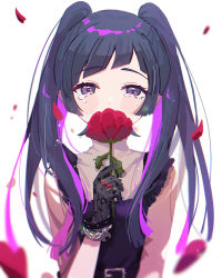 Rule 34 | 1girl, black dress, black gloves, blue hair, blush, colored inner hair, commentary request, covering own mouth, crying, dress, falling petals, flower, gloves, hatsune miku, heart, highres, holding, holding flower, jewelry, lace, lace gloves, looking at viewer, multicolored hair, parasite (vocaloid), petals, pjmiyo, purple eyes, purple hair, ring, simple background, sleeveless, sleeveless dress, solo, twintails, upper body, vocaloid, white background