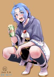 Rule 34 | 1girl, :d, antenna hair, baiyangqi, beer can, black socks, blue eyes, blue hair, blue panties, blush, boots, breasts, brown background, cameltoe, can, center frills, collarbone, commentary request, dated, dress, drink can, drunk, eyes visible through hair, frills, full-face blush, full body, gold trim, happy, holding, holding can, hood, hood down, kesa, kneehighs, kumoi ichirin, large breasts, looking at viewer, medium hair, open mouth, panties, pantyshot, parted bangs, round teeth, signature, simple background, slav squatting, sleeves past elbows, smile, socks, solo, squatting, sweat, teeth, touhou, underwear, upper teeth only, western spy squatting, white dress, white footwear, wide sleeves