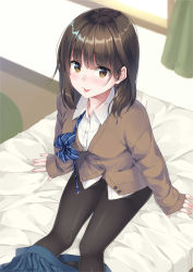 Rule 34 | 1girl, absurdres, arms at sides, bed, bed sheet, black pantyhose, blue bow, blue bowtie, blue skirt, blush, bow, bowtie, breasts, brown hair, brown sweater, collared shirt, commentary request, curtains, film grain, highres, indoors, long sleeves, looking at viewer, loose bowtie, medium breasts, medium hair, on bed, original, pantyhose, pleated skirt, school uniform, shirt, sitting, skirt, skirt around one leg, sleeves past wrists, solo, striped, striped bow, sweater, tongue, tongue out, unasaka ryou, white shirt, window, wing collar