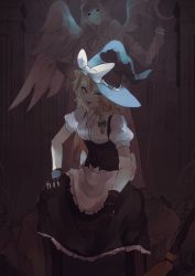 Rule 34 | 1girl, absurdres, angel wings, black gloves, black skirt, blonde hair, braid, breasts, broken statue, commentary, english commentary, feathered wings, fingerless gloves, frilled skirt, frills, gloves, green ribbon, hair ribbon, hand on thigh, hat, highres, kirisame marisa, long hair, looking at viewer, medium breasts, mima (touhou), naufaldreamer, puffy short sleeves, puffy sleeves, ribbon, shirt, short sleeves, single braid, sitting, skirt, solo, staff, statue, tongue, tongue out, touhou, tress ribbon, white shirt, wings, witch hat, yellow eyes