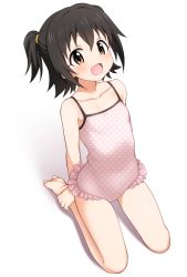 Rule 34 | 10s, 1girl, akagi miria, arms behind back, bare arms, bare legs, barefoot, black hair, brown eyes, collarbone, feet, frilled swimsuit, frills, full body, hatakenaka (kamagabuchi), highres, idolmaster, idolmaster cinderella girls, looking at viewer, one-piece swimsuit, open mouth, pink one-piece swimsuit, polka dot, polka dot swimsuit, seiza, short hair, short twintails, simple background, sitting, smile, soles, solo, swimsuit, twintails, two side up, unmoving pattern, white background