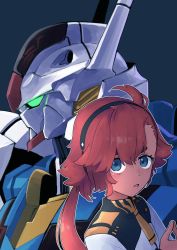 Rule 34 | 1girl, absurdres, ahoge, blue eyes, commentary request, dark background, gundam, gundam aerial, gundam suisei no majo, hairband, highres, kuroba yotsuha, long hair, looking at viewer, low ponytail, mecha, mobile suit, partial commentary, red hair, robot, serious, suletta mercury, uniform, v-fin