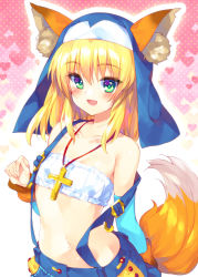Rule 34 | 1girl, :d, animal ear fluff, animal ears, bandeau, bare shoulders, blonde hair, breasts, bucchake (asami), collarbone, cross, detached sleeves, fox ears, fox girl, fox tail, green eyes, highres, jewelry, long hair, long sleeves, looking at viewer, midriff, navel, necklace, ootomo sourin (sengoku otome), open mouth, sengoku otome, small breasts, smile, solo, stomach, suspenders, tail, upper body, veil