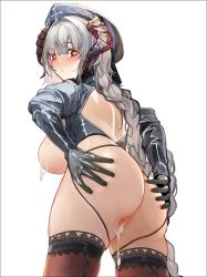 Rule 34 | 1girl, ass, ass grab, azur lane, backless outfit, blunt bangs, braid, braided ponytail, breasts, censored, closed mouth, cum, cum in pussy, cum on body, cum on breasts, cum on upper body, dragon horns, grey hair, hat, heart, heart-shaped pupils, horns, lace, lace-trimmed legwear, lace trim, large breasts, long hair, looking at viewer, looking back, nurnberg (azur lane), original, popjonx, red eyes, sidelocks, simple background, solo, symbol-shaped pupils, thighhighs, white background