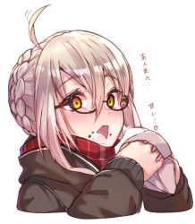 Rule 34 | 1girl, ahoge, akieda, artoria pendragon (all), artoria pendragon (fate), baozi, black-framed eyewear, black jacket, breath, commentary request, cropped torso, crown, eating, expressive hair, eyelashes, fate/grand order, fate (series), food, food on face, glasses, hair between eyes, heart, holding, holding food, jacket, long sleeves, looking at viewer, motion lines, mysterious heroine x alter (fate), mysterious heroine x alter (first ascension) (fate), open mouth, plaid, plaid scarf, red scarf, saber (fate), scarf, semi-rimless eyewear, sidelocks, silver hair, simple background, solo, steam, tongue, translated, under-rim eyewear, white background, wrapper, yellow eyes