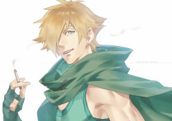 Rule 34 | 1boy, between fingers, brown hair, cape, character name, cigarette, fate/grand order, fate (series), fingerless gloves, gloves, green cape, green eyes, green gloves, green shirt, hair over one eye, holding, holding cigarette, looking at viewer, male focus, robin hood (fate), shirt, sleeveless, sleeveless shirt, smoke, talgi, white background