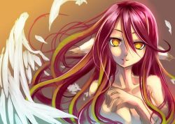 Rule 34 | 1girl, angel wings, commentary request, cross, feathered wings, feathers, gradient hair, jibril (no game no life), kamiya yuu, long hair, low wings, lowres, multicolored hair, no game no life, pink hair, sketch, solo, symbol-shaped pupils, very long hair, white wings, wing ears, wings, yellow eyes