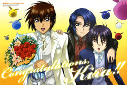 Rule 34 | 00s, 3boys, :d, :o, absurdres, aqua eyes, arm around neck, athrun zala, black hair, blue eyes, blue hair, bouquet, brown hair, buttons, character name, congratulations, flower, flying, formal, gradient background, gundam, gundam seed, gundam seed destiny, hair between eyes, hand on another&#039;s shoulder, handkerchief, haro, highres, holding, inayoshi tomoshige, kira yamato, light smile, male focus, multiple boys, necktie, official art, open mouth, orange background, parted bangs, red eyes, red flower, red rose, rose, shinn asuka, short hair, smile, sparkle, spiked hair, suit, surprised, upper body, waistcoat