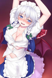 Rule 34 | 2girls, apron, arms up, bat wings, blue eyes, blue hair, blush, bow, braid, breasts, cleavage, h kasei, hair bow, hand under clothes, izayoi sakuya, large breasts, looking at viewer, maid, maid apron, maid headdress, multiple girls, open mouth, remilia scarlet, short hair, silver hair, touhou, twin braids, waist apron, wings, yuri