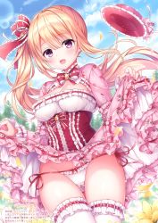 Rule 34 | 1girl, :d, absurdres, blonde hair, breasts, clothes lift, cloud, cowboy shot, crotch seam, day, dress, dress lift, floating hair, flower, frilled dress, frills, gluteal fold, hair ribbon, highres, lifted by self, long hair, looking at viewer, medium breasts, mitsuba choco, open mouth, original, outdoors, panties, pink dress, purple eyes, red headwear, ribbon, scan, side-tie panties, side ponytail, sky, smile, solo, standing, thighhighs, thighs, underbust, underwear, very long hair, white panties, white thighhighs, yellow flower