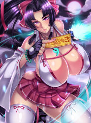 Rule 34 | 1girl, bare shoulders, black hair, blush, braid, breasts, charm (object), cleavage, covered erect nipples, hair ribbon, huge breasts, japanese clothes, long hair, looking at viewer, magatama, miko, mole, mole under eye, moon, nishida megane, original, panties, parted bangs, ponytail, purple eyes, ribbon, shiny skin, skirt, smile, solo, thick thighs, thighhighs, thighs, twin braids, underwear