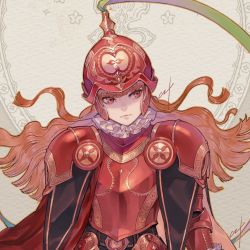 Rule 34 | 1girl, armor, belt, breastplate, brown hair, cape, closed mouth, couter, cropped, frills, head tilt, helmet, knight, long hair, nishiki areku, original, ornate armor, patterned, patterned background, pauldrons, red armor, red cape, red eyes, shaded face, shoulder armor, signature, solo, vambraces