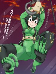 Rule 34 | 10s, 1girl, asui tsuyu, blush, blush stickers, boku no hero academia, breasts, covered erect nipples, eyebrows, eyelashes, long hair, looking at viewer, lupus, musical note, outdoors, sky, solo, split-toe footwear, text focus, translation request, window