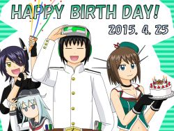 Rule 34 | 10s, 1boy, 3girls, = =, admiral (kancolle), bad id, bad pixiv id, bare shoulders, beret, black gloves, black hair, blue eyes, breasts, brown hair, cake, candle, dress shirt, eyepatch, fingerless gloves, food, fruit, gloves, happy birthday, hat, headset, hibiki (kancolle), jitome, kantai collection, large breasts, looking at viewer, maya (kancolle), multiple girls, neckerchief, open mouth, party popper, redol, remodel (kantai collection), school uniform, serafuku, shirt, side ponytail, smile, strawberry, tenryuu (kancolle), translation request, yellow eyes